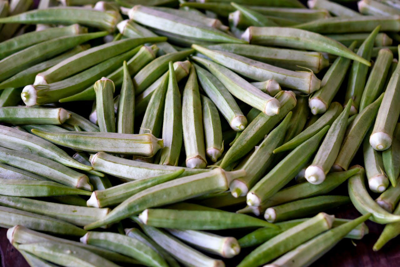 A close-up of fresh organic okra showcasing vibrant green color and natural texture.